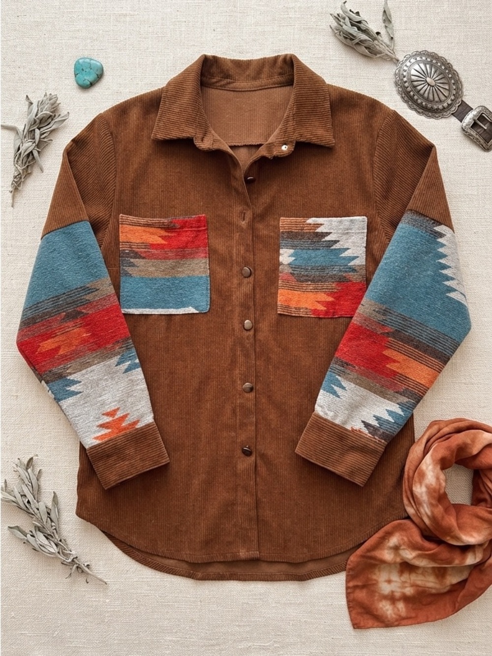 Brown Corduroy Patchwork Jean Jacket with Aztec Accents